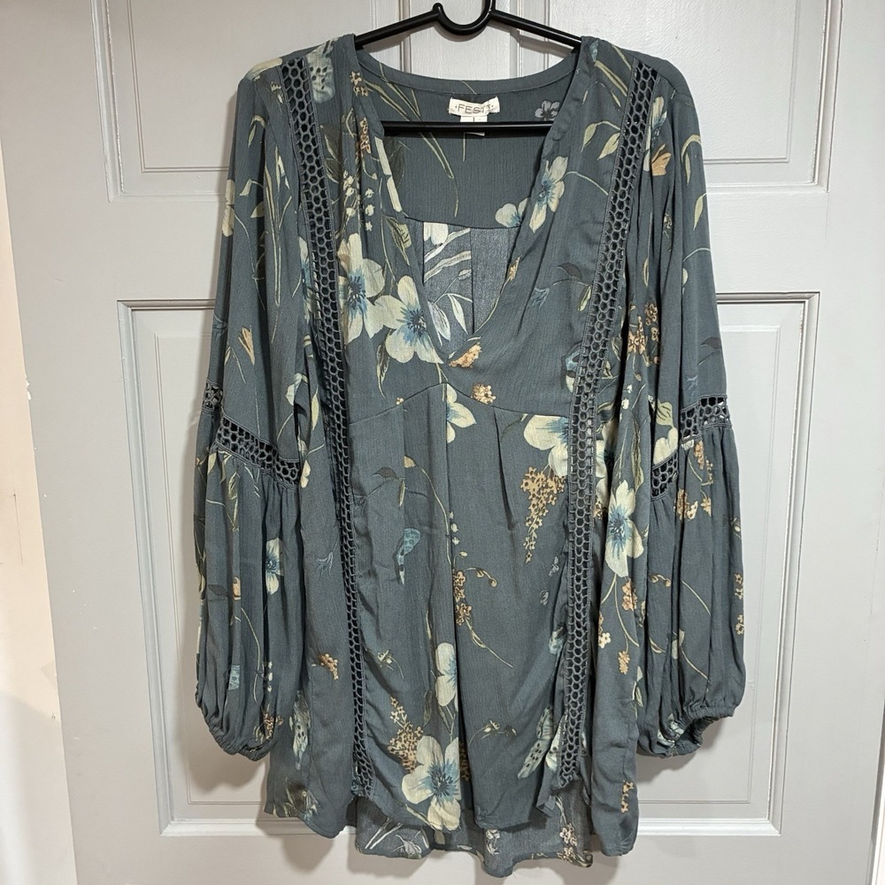 FESTI Women's Tunic 1X Floral Boho Festival Flowy Oversized elastic Cuffs